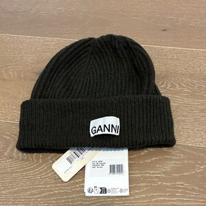 Ganni Wool Blend Dark Green Ribbed Beanie